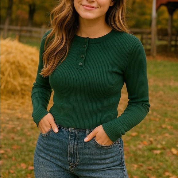 Forever 21 Green Ribbed Long Sleeve Crop Top Sweater - Picture 1 of 5
